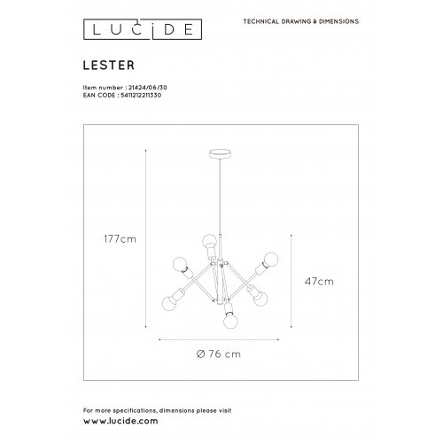 LUCIDE LESTER Pendant 6x E27/40W Black závěsné svítidlo, lustr - obrázek