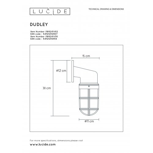 LUCIDE DUDLEY Outside Wall Light Down IP44 E27/60W Black venkovní svítidlo - obrázek