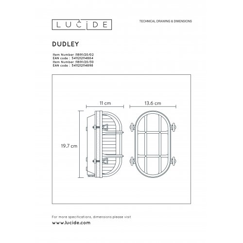 LUCIDE DUDLEY Outside Wall Light Oval IP65 E27/60W Black venkovní svítidlo - obrázek