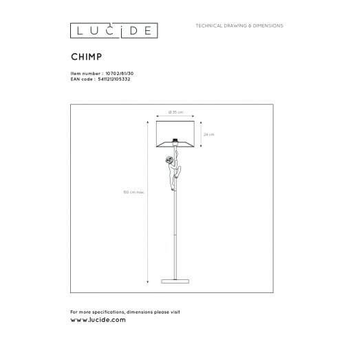 LUCIDE CHIMP Floor lamp E27/60W H150cm Black / Gold stojací lampa - obrázek