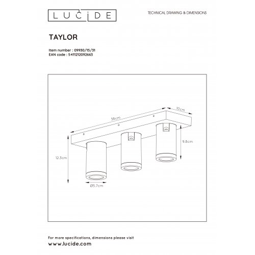 LUCIDE TAYLOR Ceiling Spotlight 3x GU10/5W IP44 DTW  Whit bodové svítidlo, bodovka - obrázek
