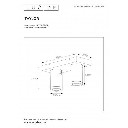 LUCIDE TAYLOR Ceiling Spotlight 2x GU10/5W IP44 DTW  Blac bodové svítidlo, bodovka - obrázek
