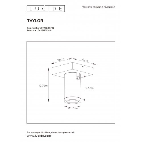 LUCIDE TAYLOR Ceiling Spotlight GU10/5W IP44 DTW  Black bodové svítidlo, bodovka - obrázek