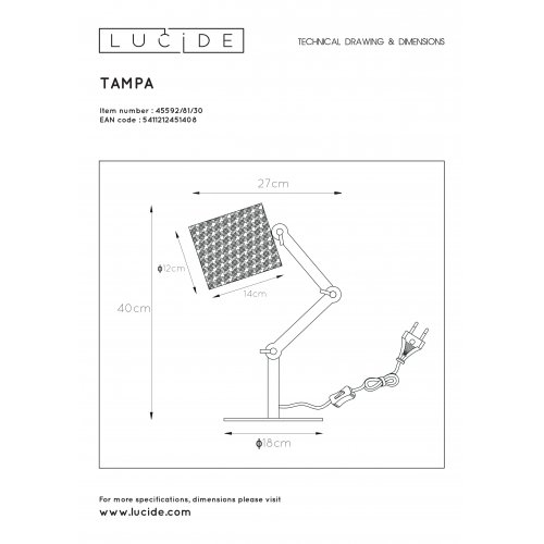 LUCIDE TAMPA Table lamp E27/40W Black stolní lampa - obrázek