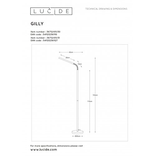 LUCIDE GILLY Floor Lamp LED 5W H153 D20cm 2700K White stojací lampa - obrázek