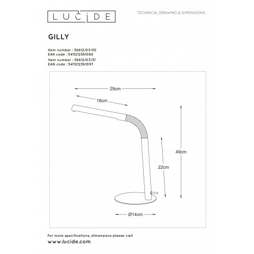 LUCIDE GILLY Desk Lamp LED 3W H49 D14cm 4000K 240LM White stolní lampa - obrázek