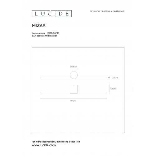 LUCIDE MIZAR Wall Light 90cm LED 10W IP44 Black nástěnné svítidlo - obrázek