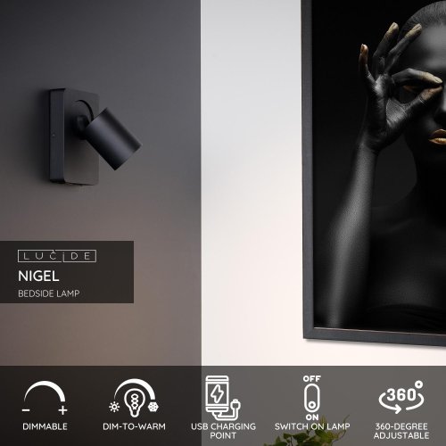 LUCIDE NIGEL Wall spotlight 1xGU10/5W + USB Black venkovní svítidlo - obrázek