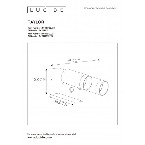 LUCIDE TAYLOR Wall Spot 2xGU10/50W IP44 White venkovní svítidlo - obrázek