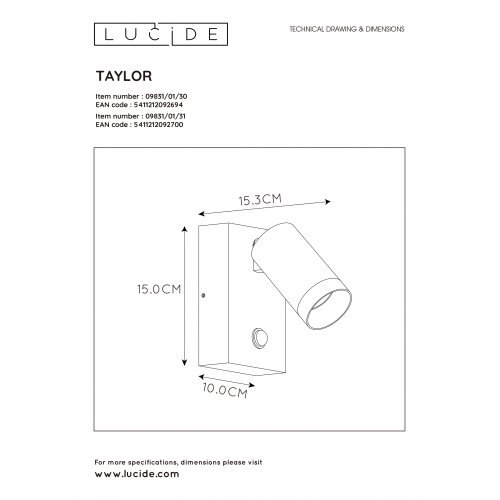 LUCIDE TAYLOR Wall Spot 1xGU10/50W IP44 White venkovní svítidlo - obrázek