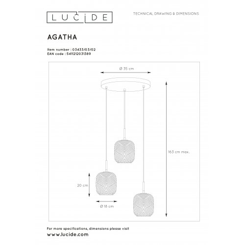 LUCIDE AGATHA Pendant 3x E27/40W Matt Gold / Glass závěsné svítidlo, lustr - obrázek