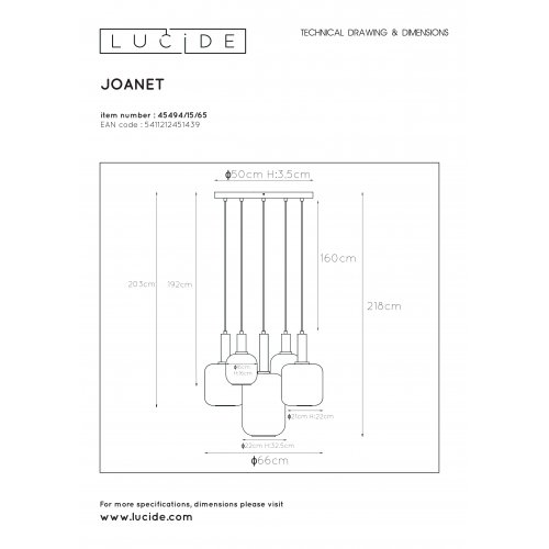 LUCIDE JOANET  Pendant 5xE27 Smoke glass závěsné svítidlo, lustr - obrázek