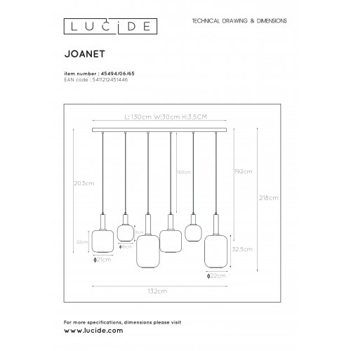 LUCIDE JOANET  Pendant 6xE27 Smoke glass závěsné svítidlo, lustr - obrázek