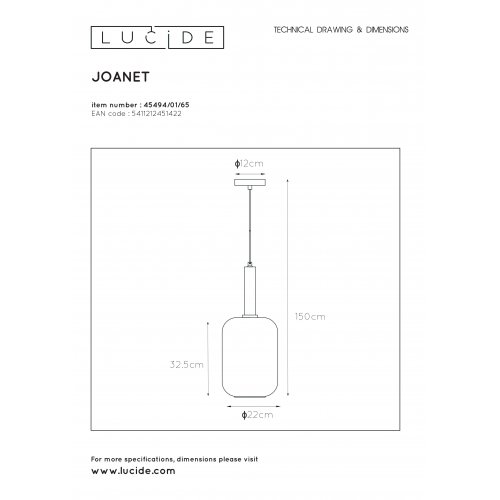 LUCIDE JOANET  Pendant 1xE27 Smoke glass závěsné svítidlo, lustr - obrázek