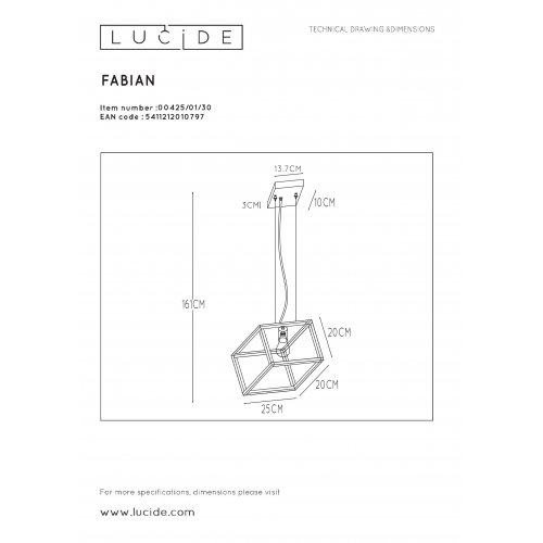 LUCIDE FABIAN Pendant 1xE27 Black závěsné svítidlo, lustr - obrázek