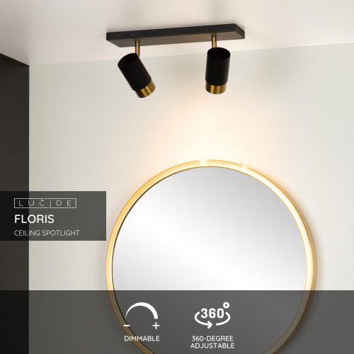 LUCIDE FLORIS Ceiling spotlight 2xGU10 Black/Satin brass - obrázek