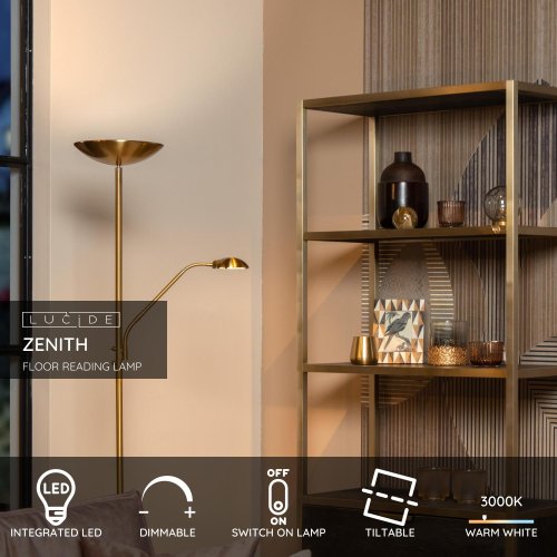 LUCIDE ZENITH LED Reading Lamp 20W + 4W Satin Brass stojací lampa - obrázek