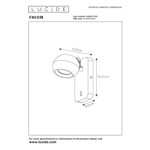 LUCIDE FAVORI Wall spot Gu10 Black bodové svítidlo, bodovka - obrázek