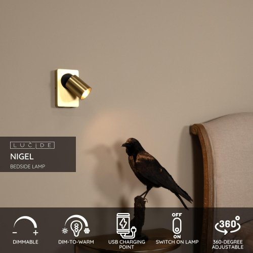 LUCIDE NIGEL Wall spotlight 1xGU10/5W + USB Satin Brass nástěnné svítidlo - obrázek
