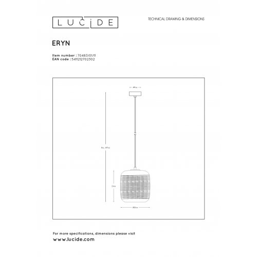 LUCIDE ERYN - Závěsné svítidlo - 1x E27/15W 20 cm , lustr - obrázek