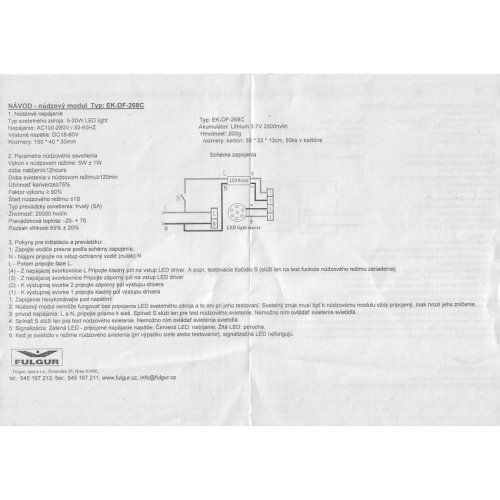 Nouzový modul  FULGUR BATTMAN EK-DF-268C + PCB LED 20W/4000K