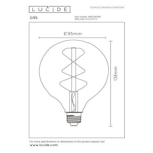 LUCIDE Lucide G95 - Filament bulb - D9,5 cm - LED Dim. - E27 - 1x5W 2700K - T žárovka, zářivka - obrázek