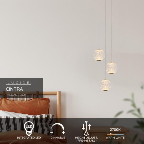 LUCIDE Lucide CINTRA - Pendant light - D25 cm - LED - 3x4,7W 2700K - Transpar závěsné svítidlo, lust - obrázek