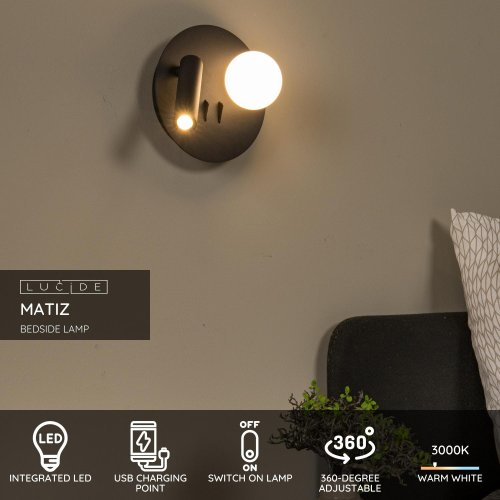LUCIDE Lucide MATIZ - Wall spotlight - LED - 1x3,7W 3000K - With USB charging nástěnné svítidlo - obrázek