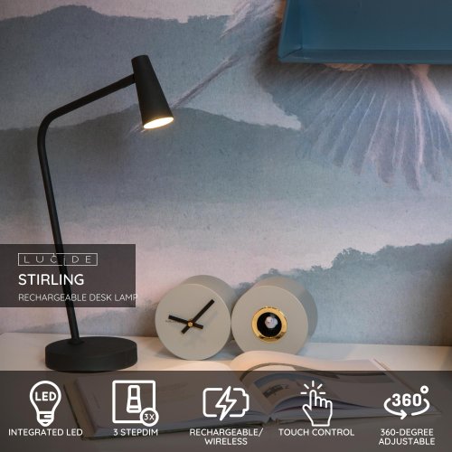 LUCIDE Lucide STIRLING - Rechargeable Floor reading lamp - Battery - LED Dim. stolní lampa - obrázek