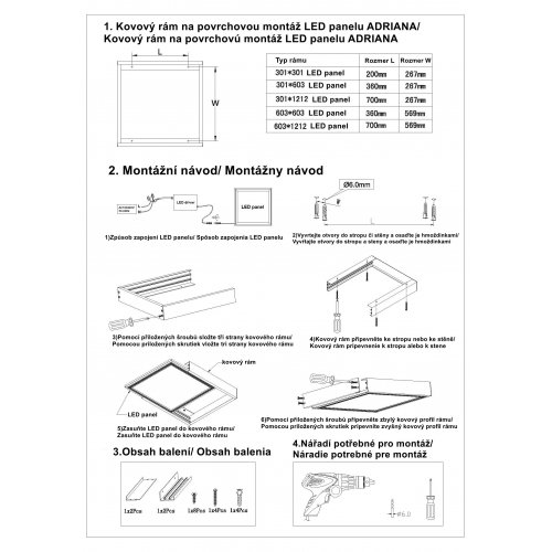 Stříbrný kovový rám FULGUR BATTMAN AD03 na přisazenou montáž svítidla ADRIANA LED panel 60x60cm - Návod ADRIANA AD03 kovový rám na přisazenou montáž CZ SK.jpg