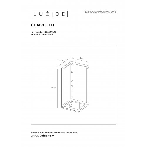 LUCIDE CLAIRE-LED Wall Light + senzor pohybu,  IP54, Black, venkovní svítidlo - obrázek