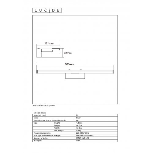 LUCIDE ONNO Mirror Light LED 12W L60cm 3000K Satin Chrome, nástěnné svítidlo - obrázek