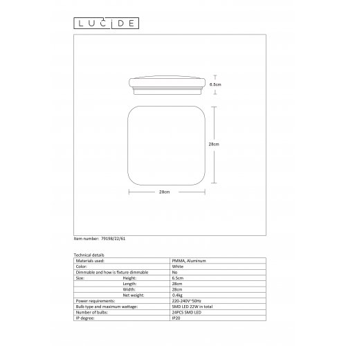 LUCIDE OTIS Ceiling Light LED 22W 28x28cm Stropní svítidlo - obrázek