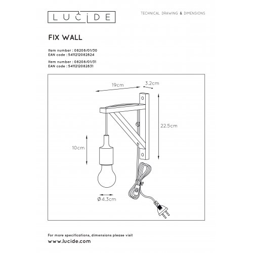 LUCIDE FIX Wall Light E27 H22cm Wood/White, nástěnné svítidlo - obrázek