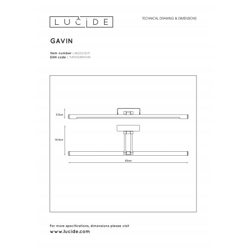 LUCIDE GAVIN Wall Light LED 12W L63cm Chrome, nástěnné svítidlo - obrázek