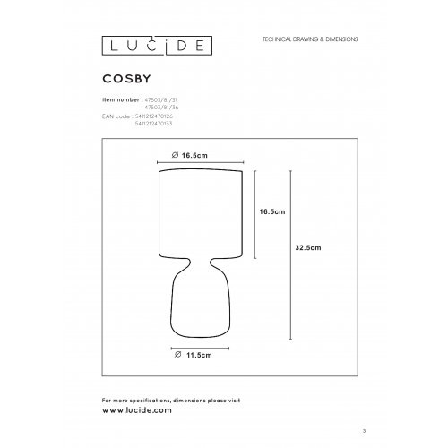 LUCIDE COSBY Table Lamp E14 H32.5cm, stolní lampa - obrázek