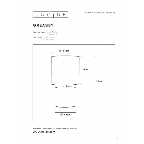 LUCIDE GREASBY Table Lamp E14 H26cm Cream, stolní lampa - obrázek