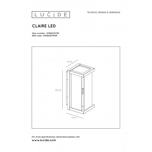 LUCIDE CLAIRE MINI Wall Light IP54 1xE27 Black, venkovní svítidlo - obrázek