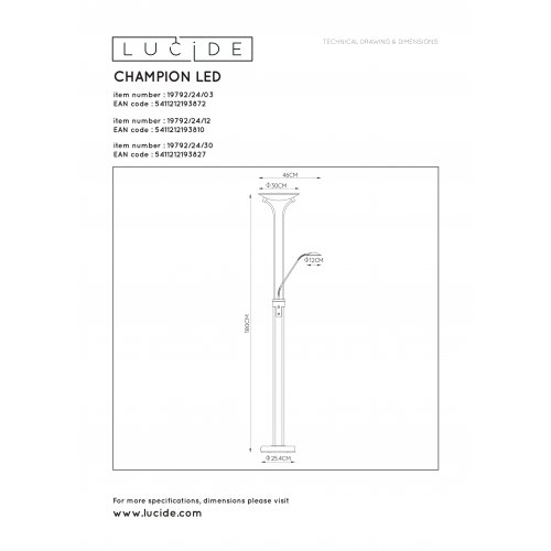 LUCIDE CHAMPION-LED Floor Lamp 20W +4W H180 cm Bronze, stojací lampa - obrázek