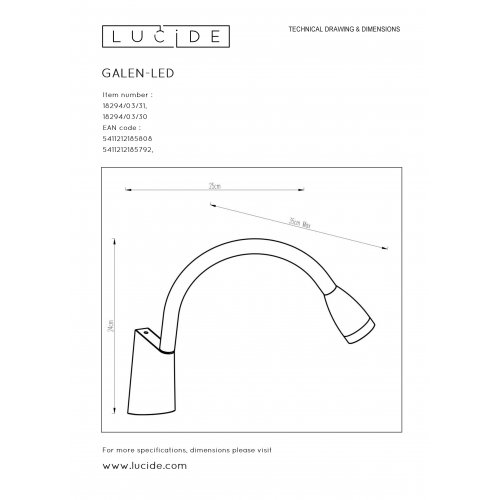 LUCIDE GALEN Bedside Lamp LED 3W White, nástěnné svítidlo - obrázek