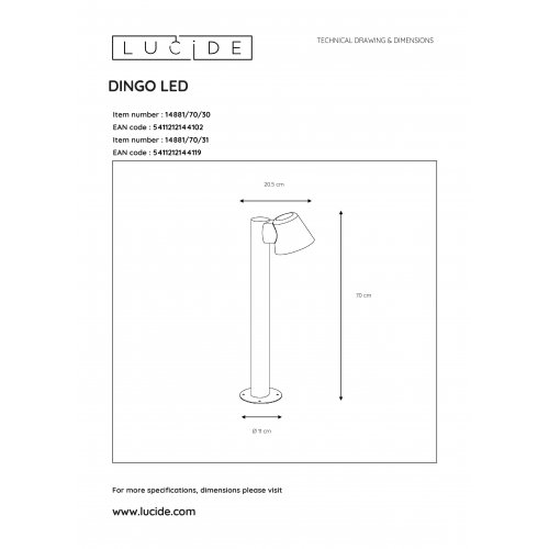 LUCIDE DINGO LED Outdoor Light IP44 H70cm White, venkovní svítidlo - obrázek