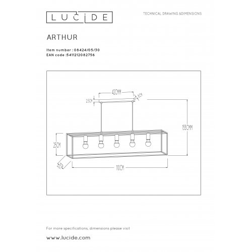 LUCIDE ARTHUR Pendant 5xE27 25x25x110cm Black, závěsné svítidlo, lustr - obrázek