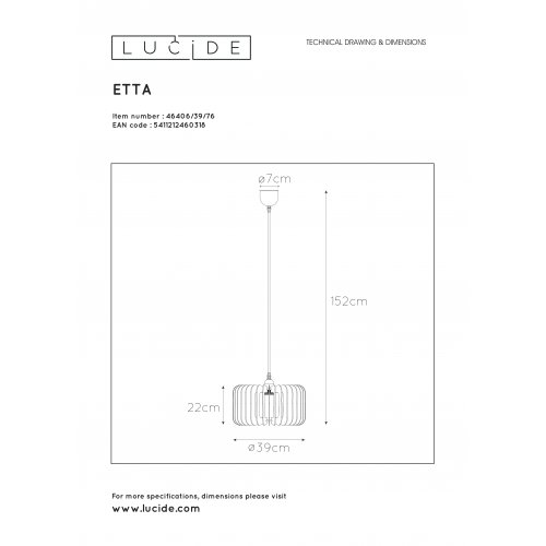 LUCIDE ETTA Pendant E27 39cm H22cm Light Wood závěsné svítidlo, lustr - obrázek