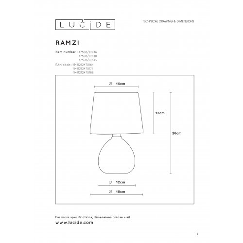 LUCIDE RAMZI Table Lamp E14 H26cm Cream, stolní lampa - obrázek