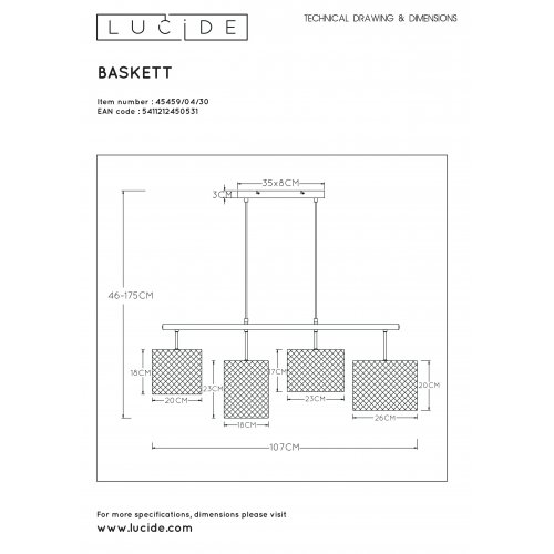 LUCIDE BASKETT Pendant Light 4xE27 Black, závěsné svítidlo, lustr - obrázek