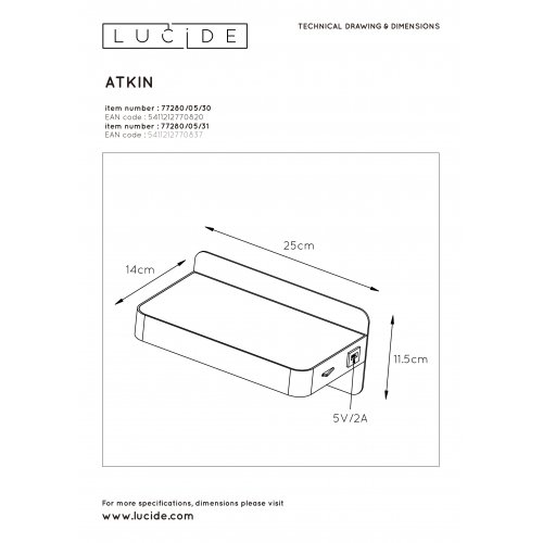 LUCIDE ATKIN Bedside Light LED 1x5W+USB port 25x14x11cm Black, nástěnné svítidlo - obrázek