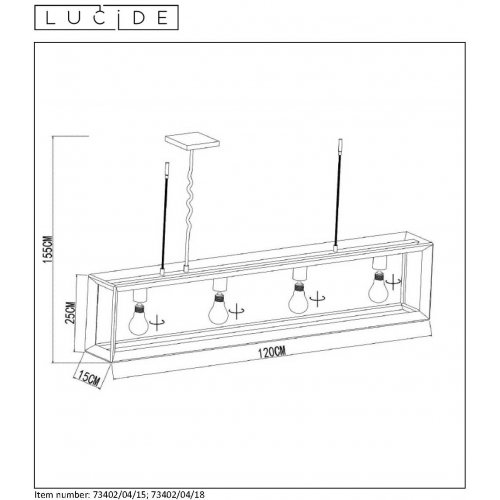 LUCIDE THOR Pendant 4xE27 L120cm W13cm Iron Grey, závěsné svítidlo, lustr - obrázek