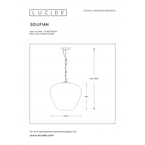 LUCIDE SOUFIAN Pendant 1x E27 H153cm D40cm Smoke, závěsné svítidlo, lustr - obrázek