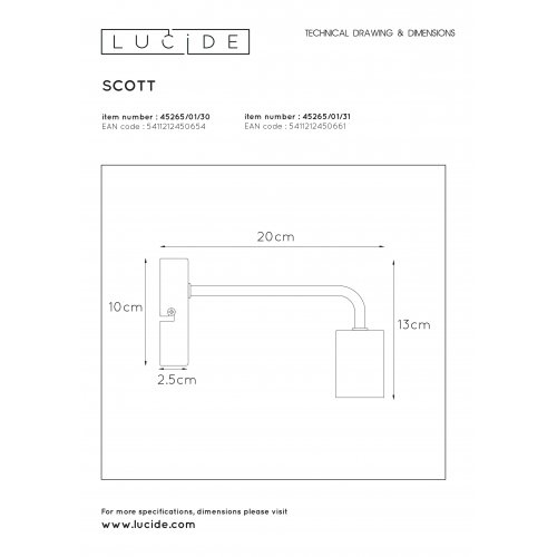 LUCIDE SCOTT Wall Light E27 L20 H12cm White, nástěnné svítidlo - obrázek