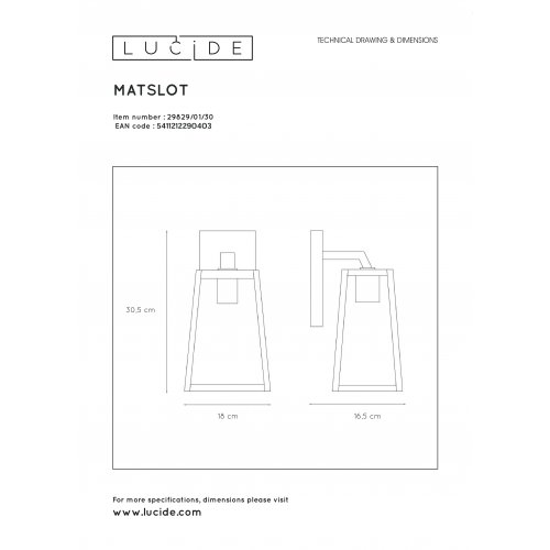 LUCIDE MATSLOT Wall Light IP23 E27 H31cm Black, nástěnné svítidlo - obrázek